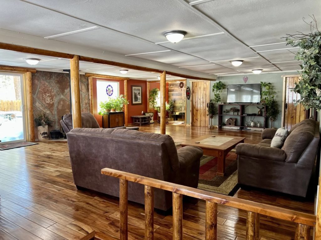 Living room with wood paneling and leather sofas